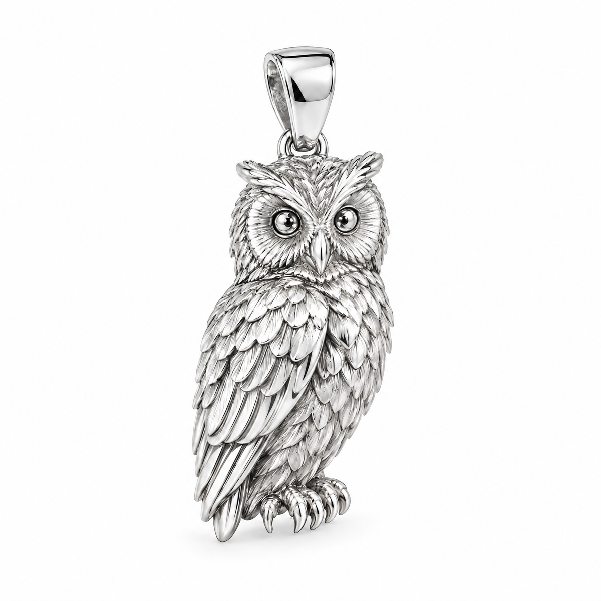 Owl pendant — white gold finish; AI-generated design rendering