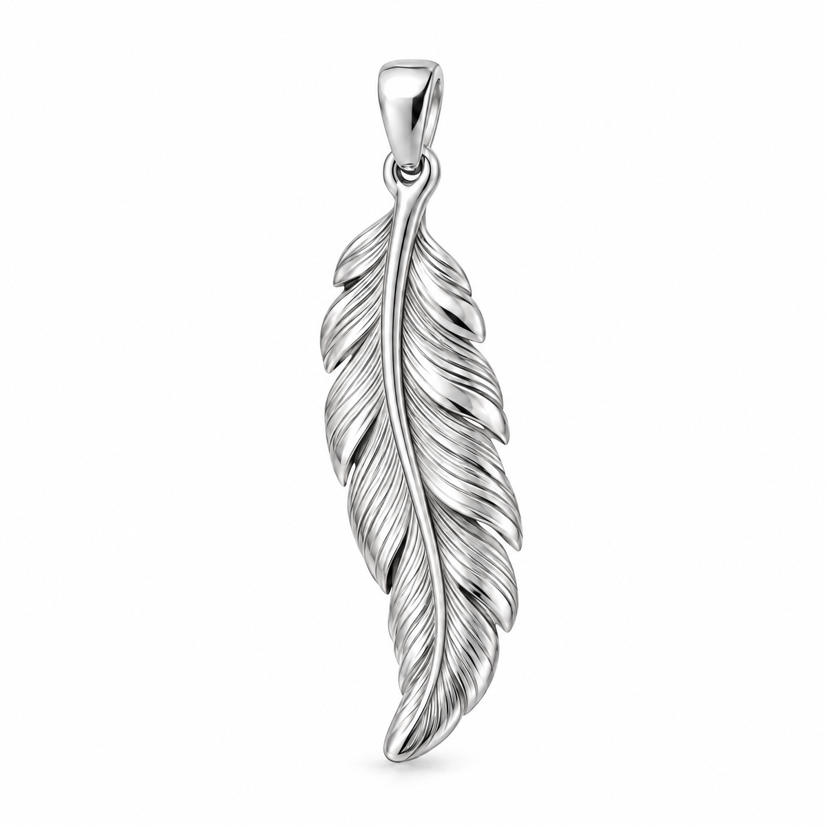 Feather Mini pendant — white gold finish; AI-generated design rendering