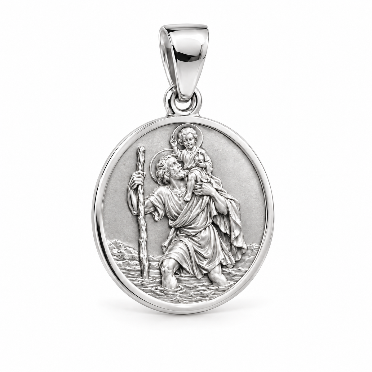 Saint Christopher medal silver counterpart — full white-metal design reference; AI-generated rendering
