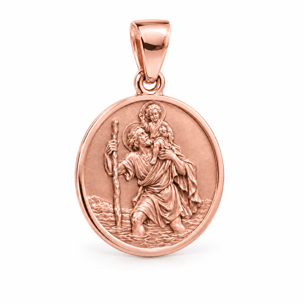 Saint Christopher Mini medal — rose gold finish; AI-generated design rendering