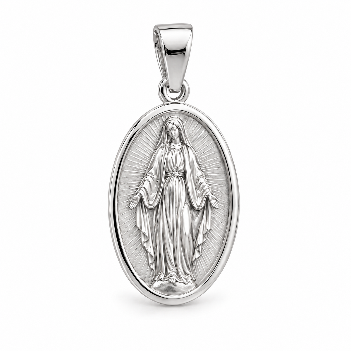 Virgin Mary Mini medal — white gold finish; AI-generated design rendering