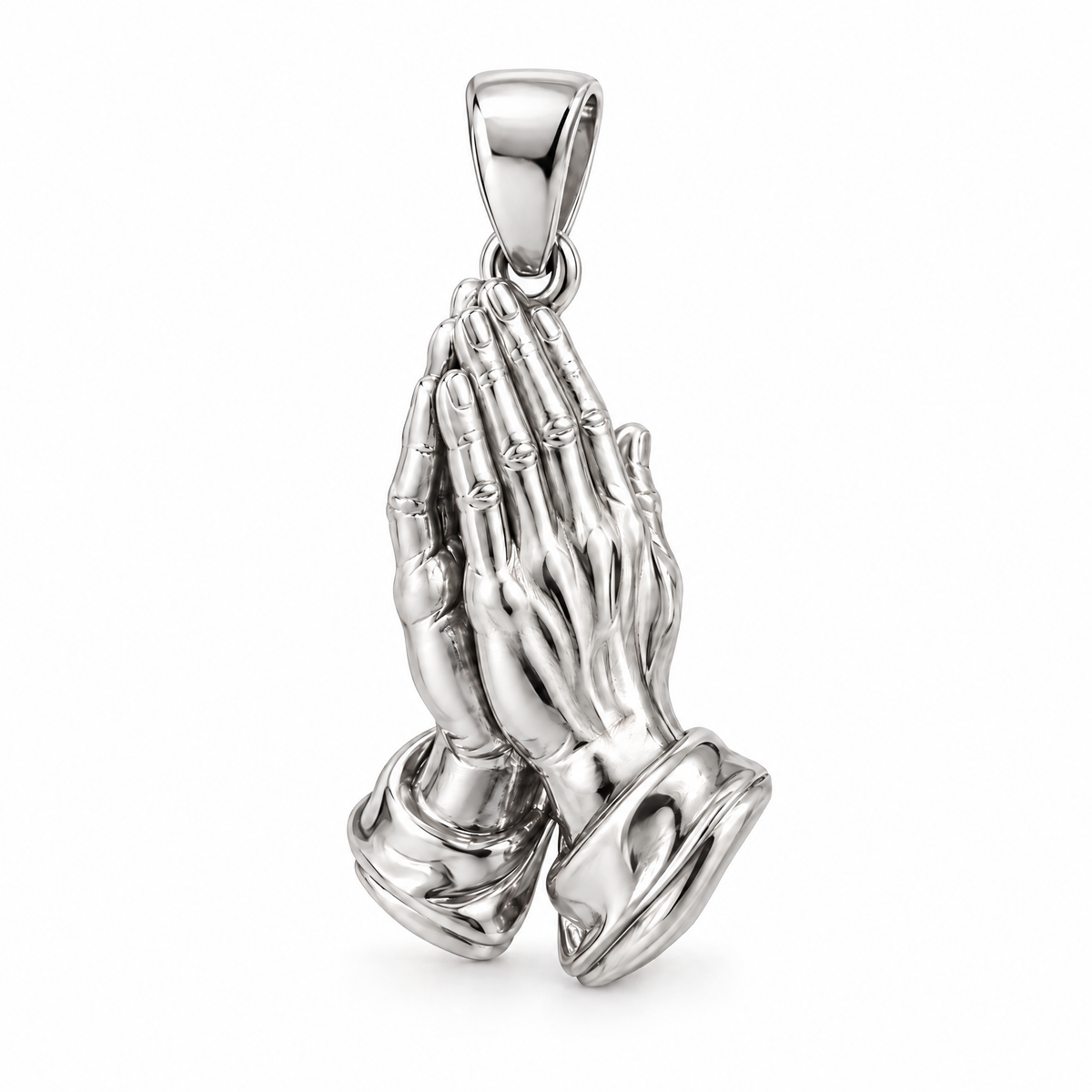 Praying hands silver counterpart — full white-metal design reference; AI-generated rendering