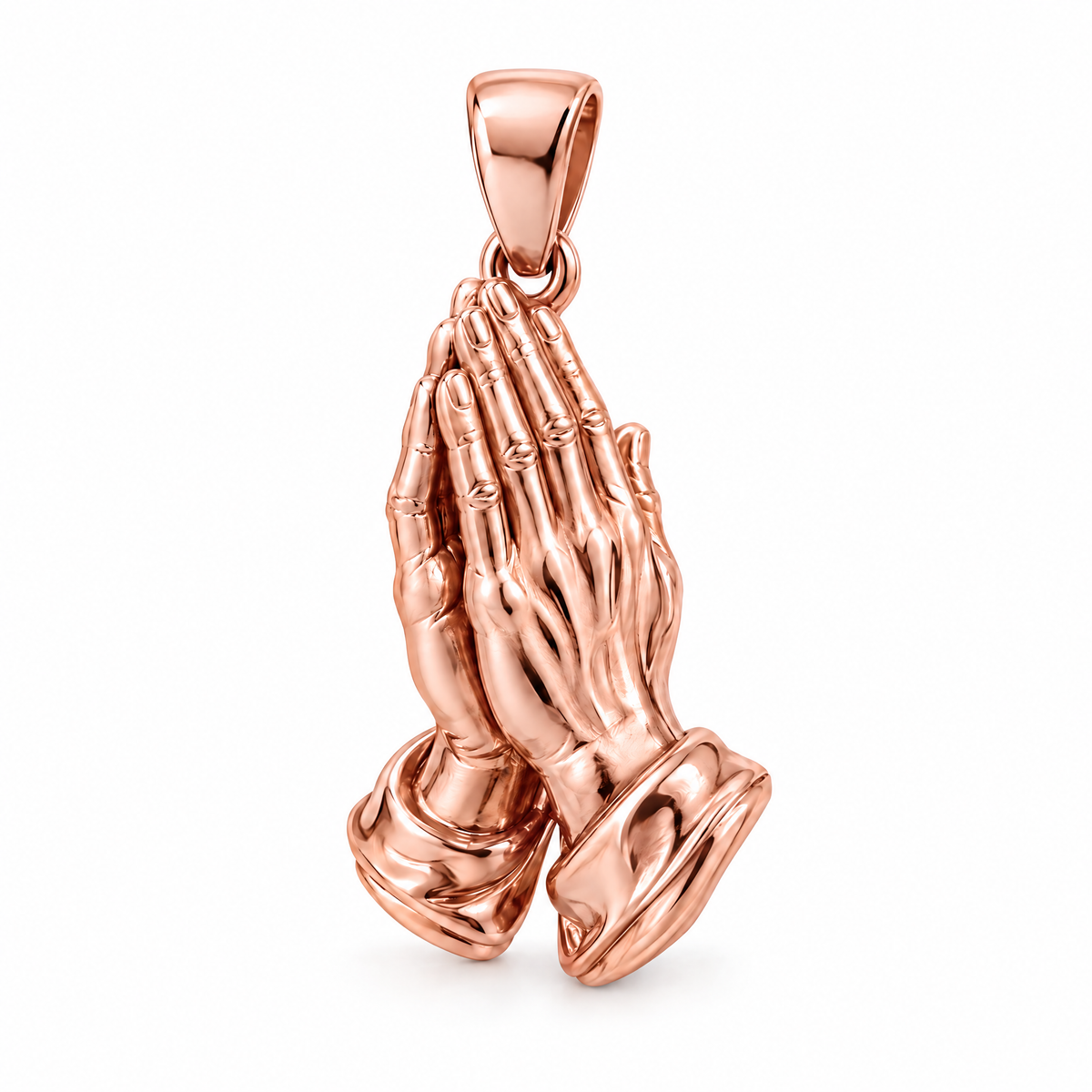 Praying hands Mini pendant — rose gold finish; AI-generated design rendering