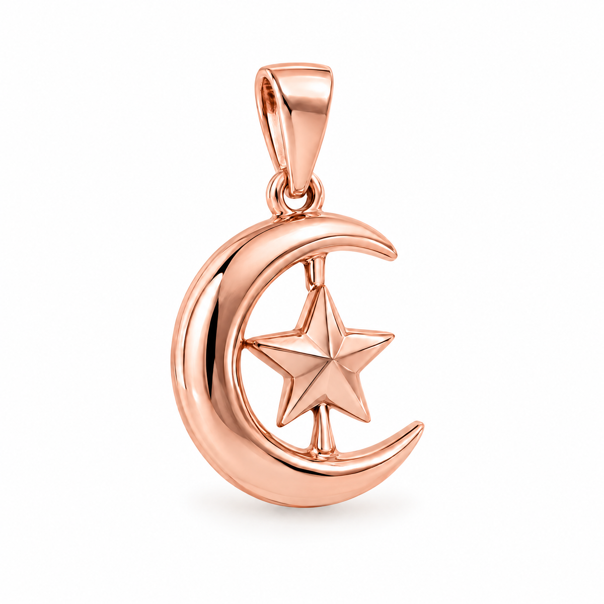 Crescent and star Mini pendant — rose gold finish; AI-generated design rendering