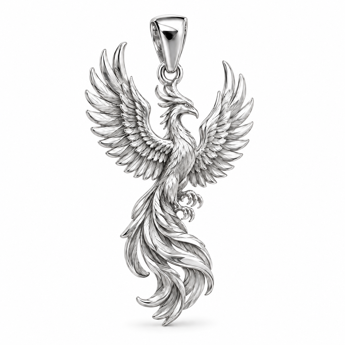 Phoenix Mini pendant — white gold finish; AI-generated design rendering