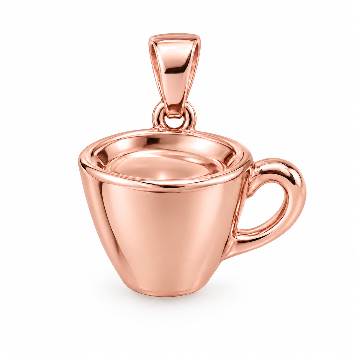 Coffee cup Mini pendant — rose gold finish; AI-generated design rendering