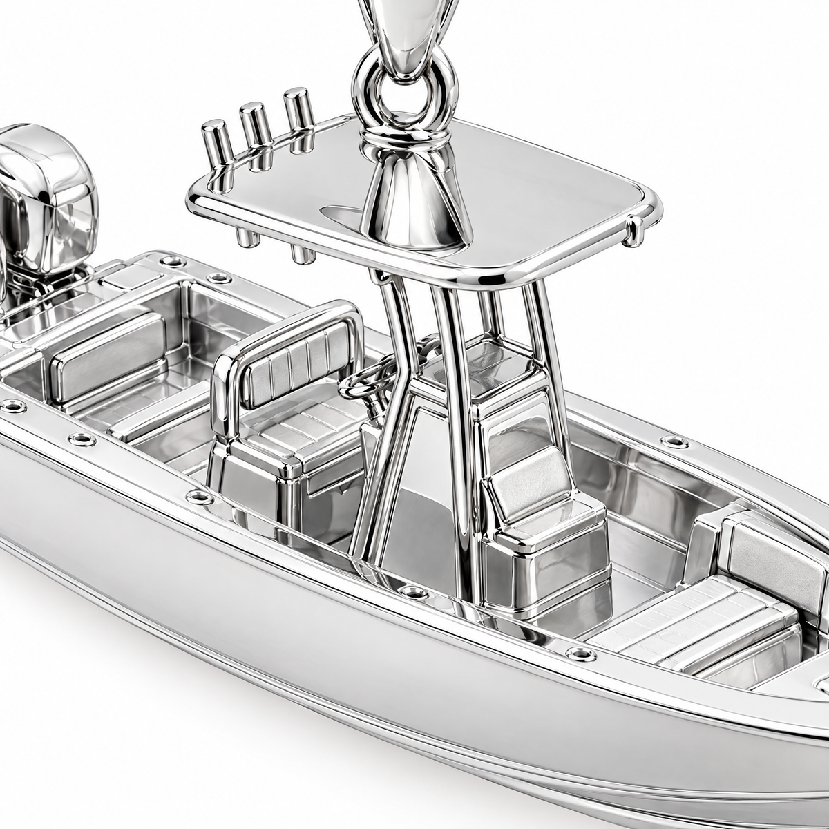 Center-console boat Silver Mini — close-up detail; AI-generated design visualization