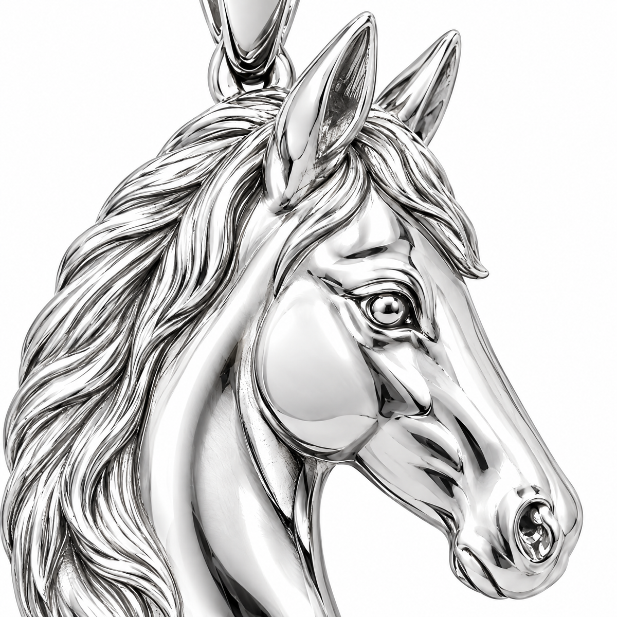 Horse head Silver Mini — close-up detail; AI-generated design visualization