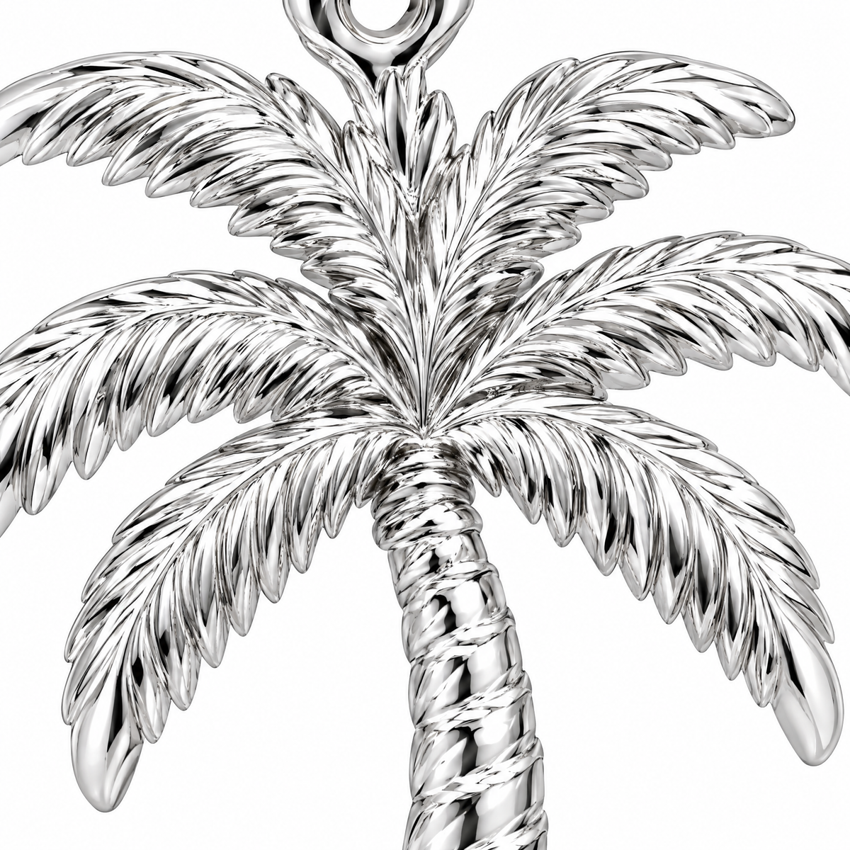 Palm tree Silver Pendant — close-up detail; AI-generated design visualization