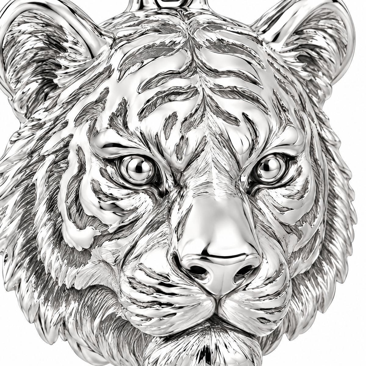 Tiger head Silver Mini — close-up detail; AI-generated design visualization