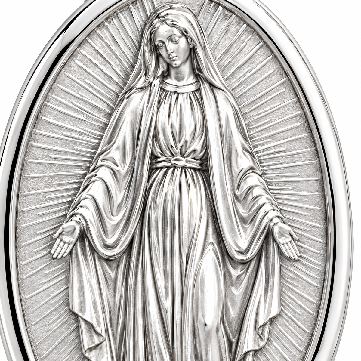 Virgin Mary medal Silver Mini — close-up detail; AI-generated design visualization