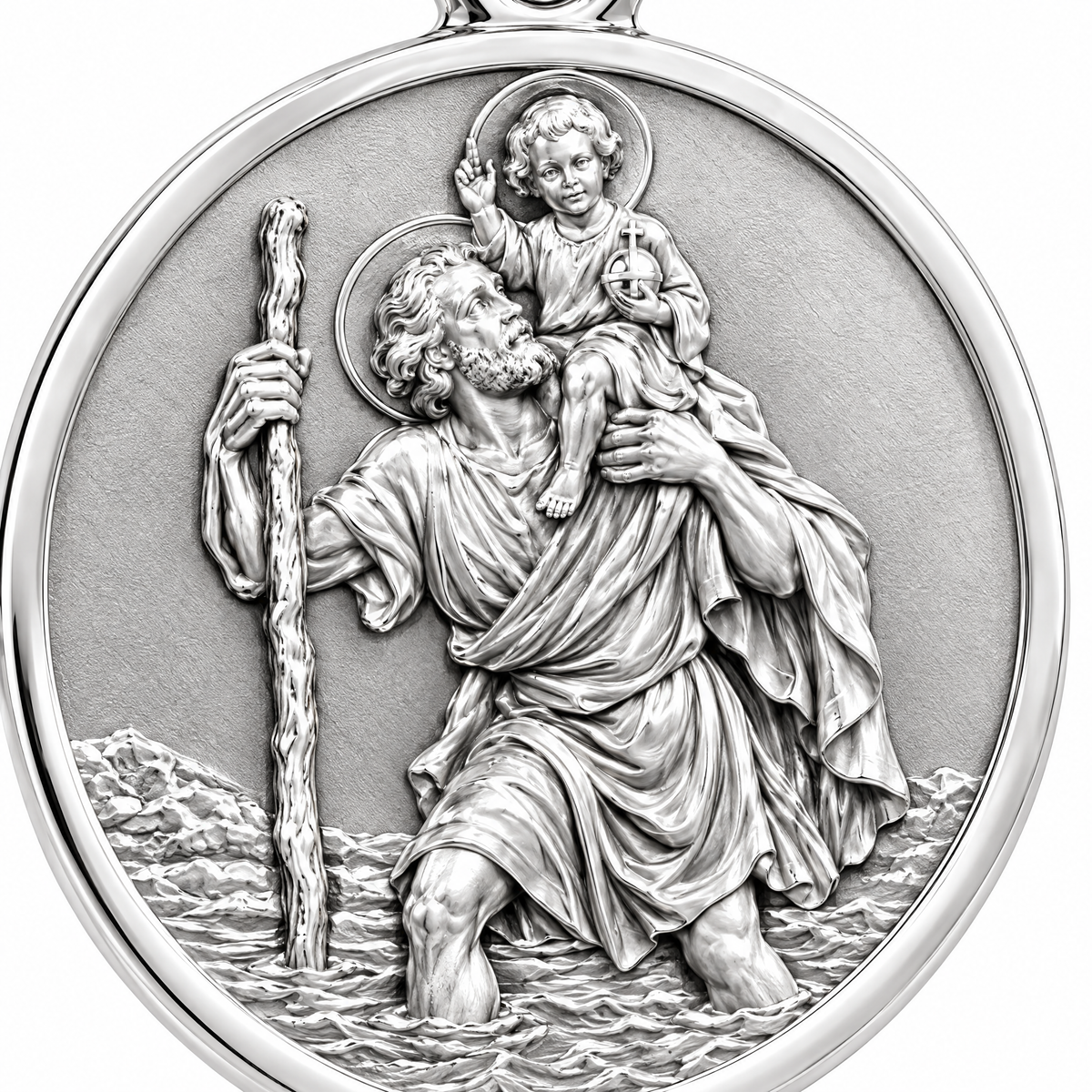 Saint Christopher medal Silver Mini — close-up detail; AI-generated design visualization