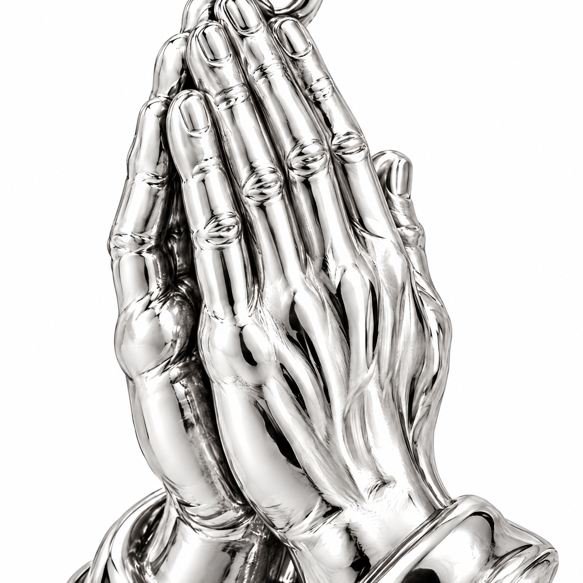 Praying hands Silver Mini — close-up detail; AI-generated design visualization