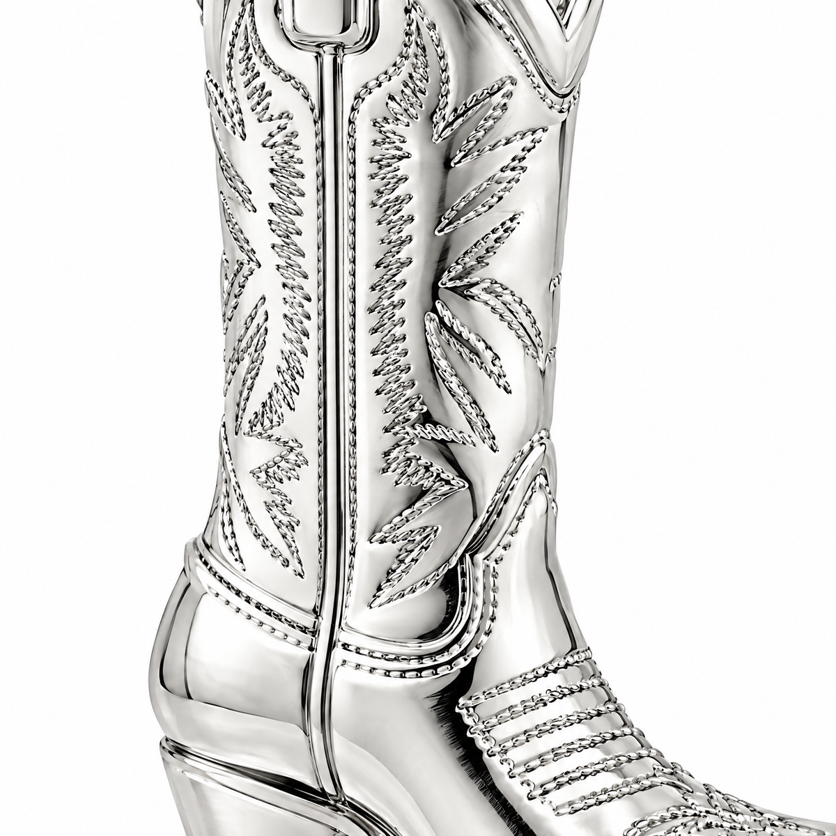 Cowboy boot Silver Mini — close-up detail; AI-generated design visualization