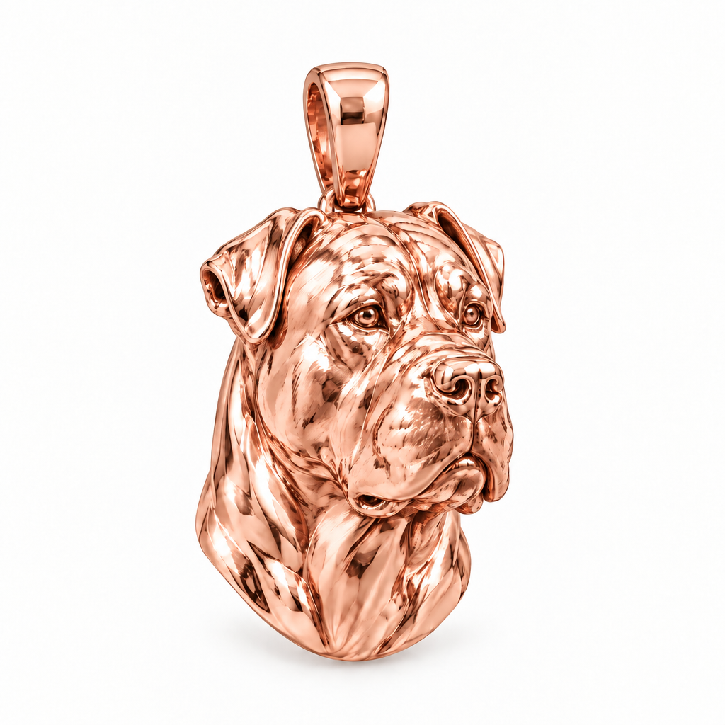 Presa Canario dog pendant in high-polish rose gold; design render, pendant only.