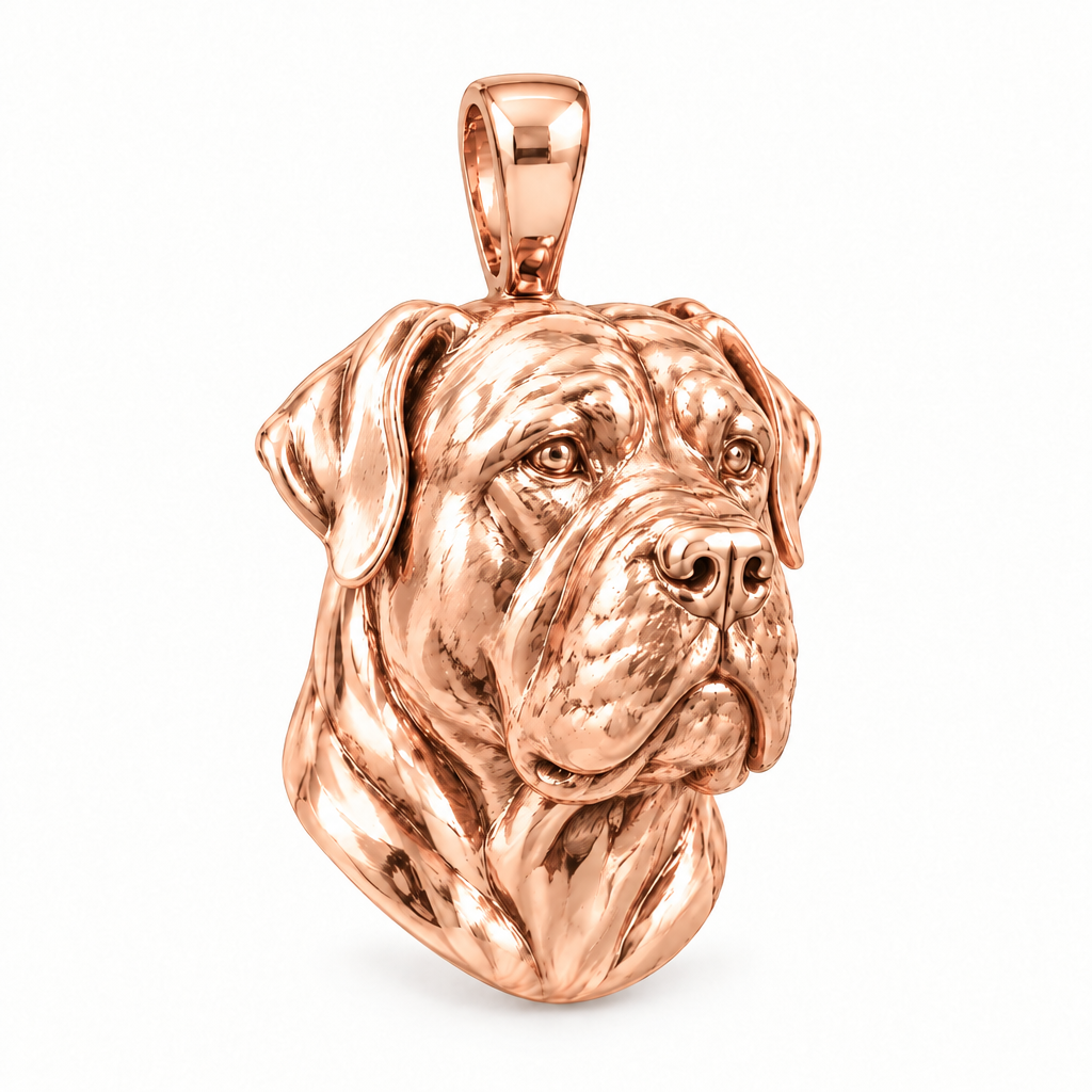 Boerboel dog pendant in high-polish rose gold; design render, chain not included.