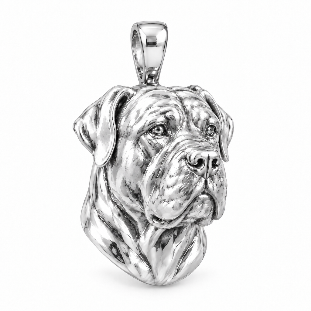 Boerboel dog pendant in high-polish white gold; design render, chain not included.