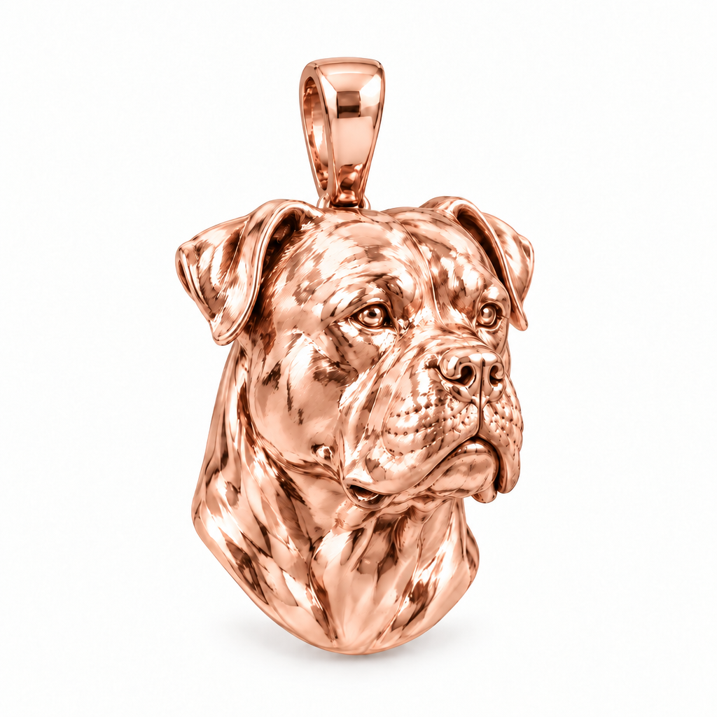 American Bulldog dog pendant in high-polish rose gold; design render, pendant only.