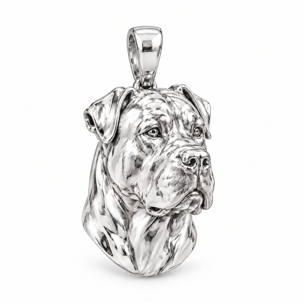 Presa Canario dog pendant in high-polish white gold; design render, pendant only.