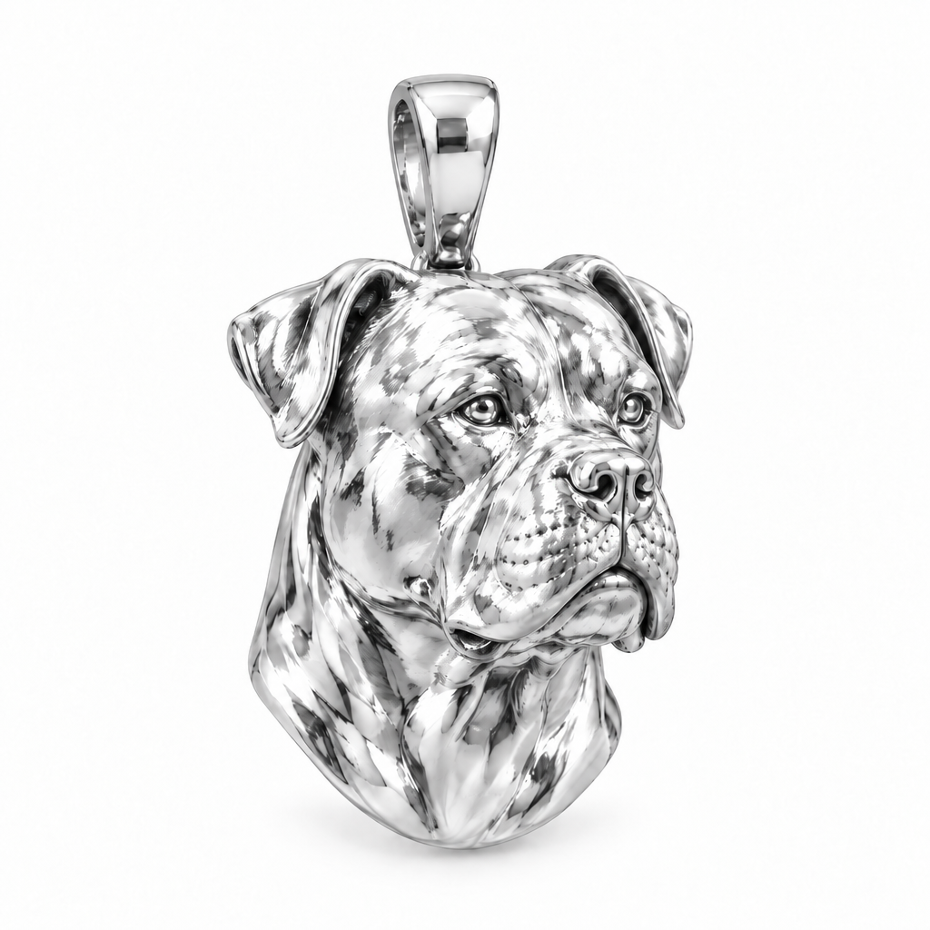 American Bulldog dog pendant in high-polish white gold; design render, pendant only.