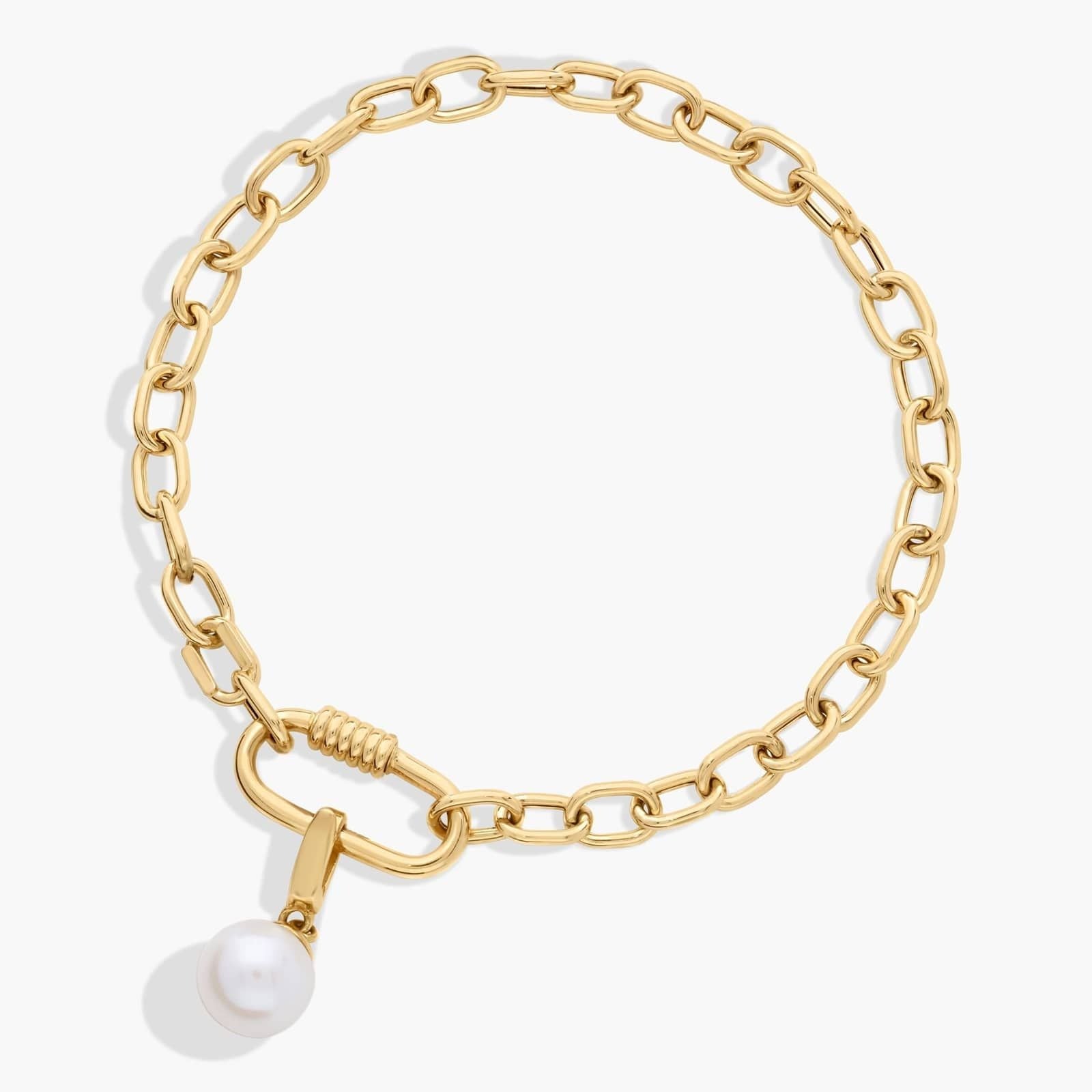 14k Italian Yellow Gold Link Bracelet with Carabiner Lock and Freshwater Pearl Charm