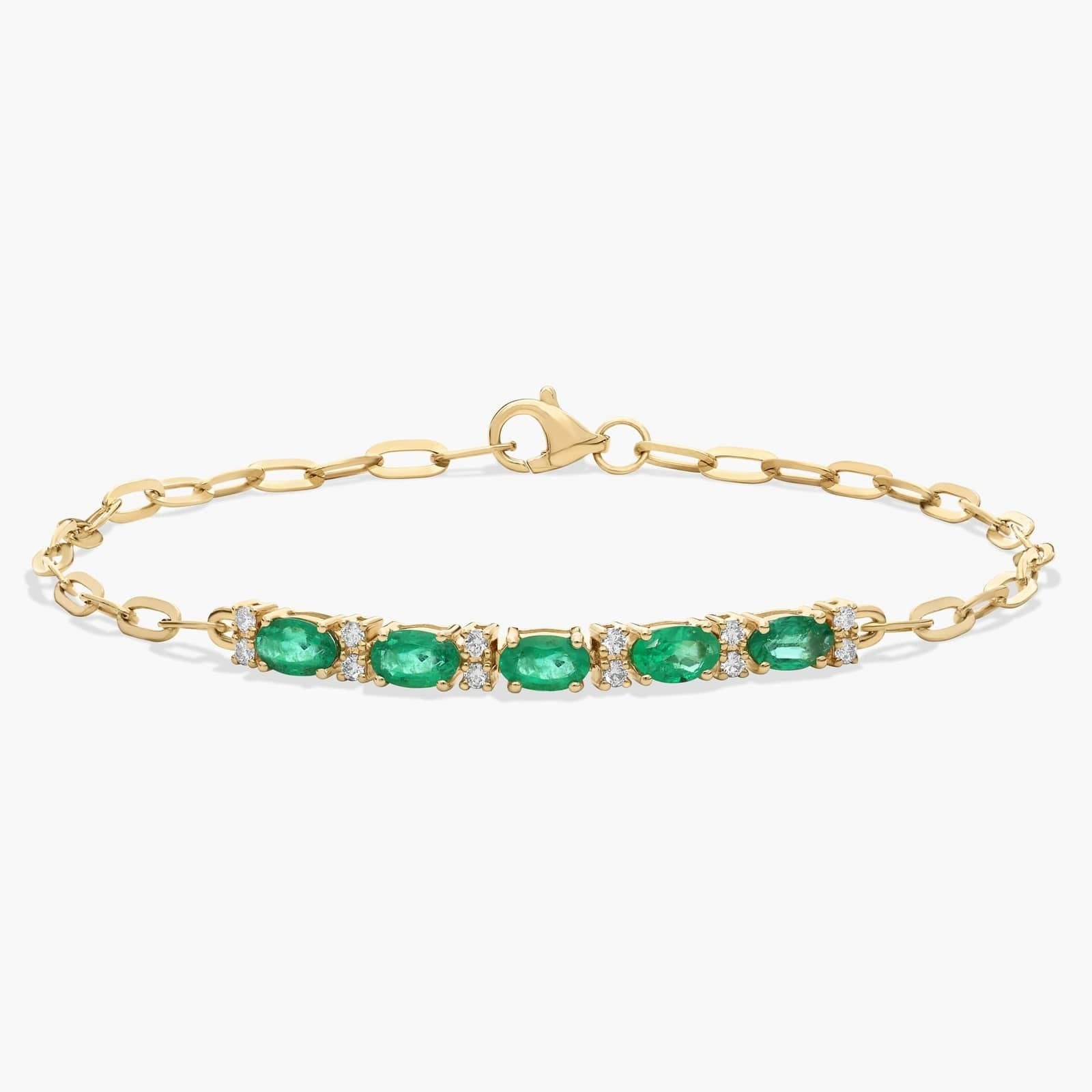 Diamond and Emerald Paperclip Bracelet in 14K Yellow Gold