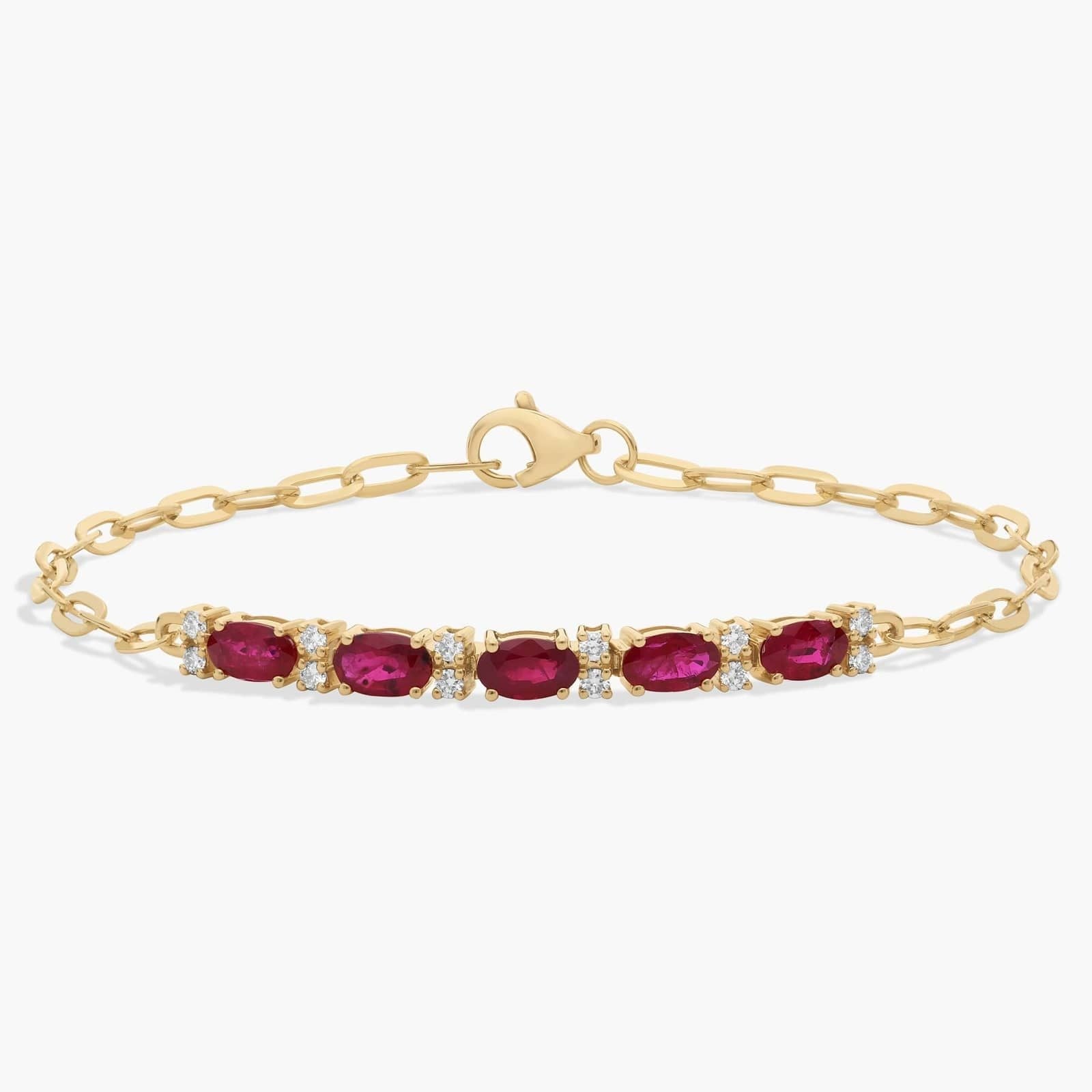 Diamond and Ruby Paperclip Bracelet in 14K Yellow Gold