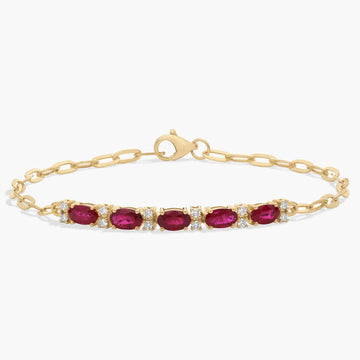 Diamond and Ruby Paperclip Bracelet in 14K Yellow Gold