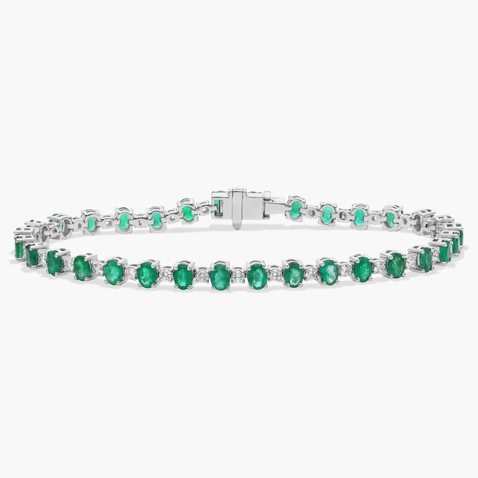 Alternating Diamond and Oval Emerald Tennis Bracelet in 14K White Gold