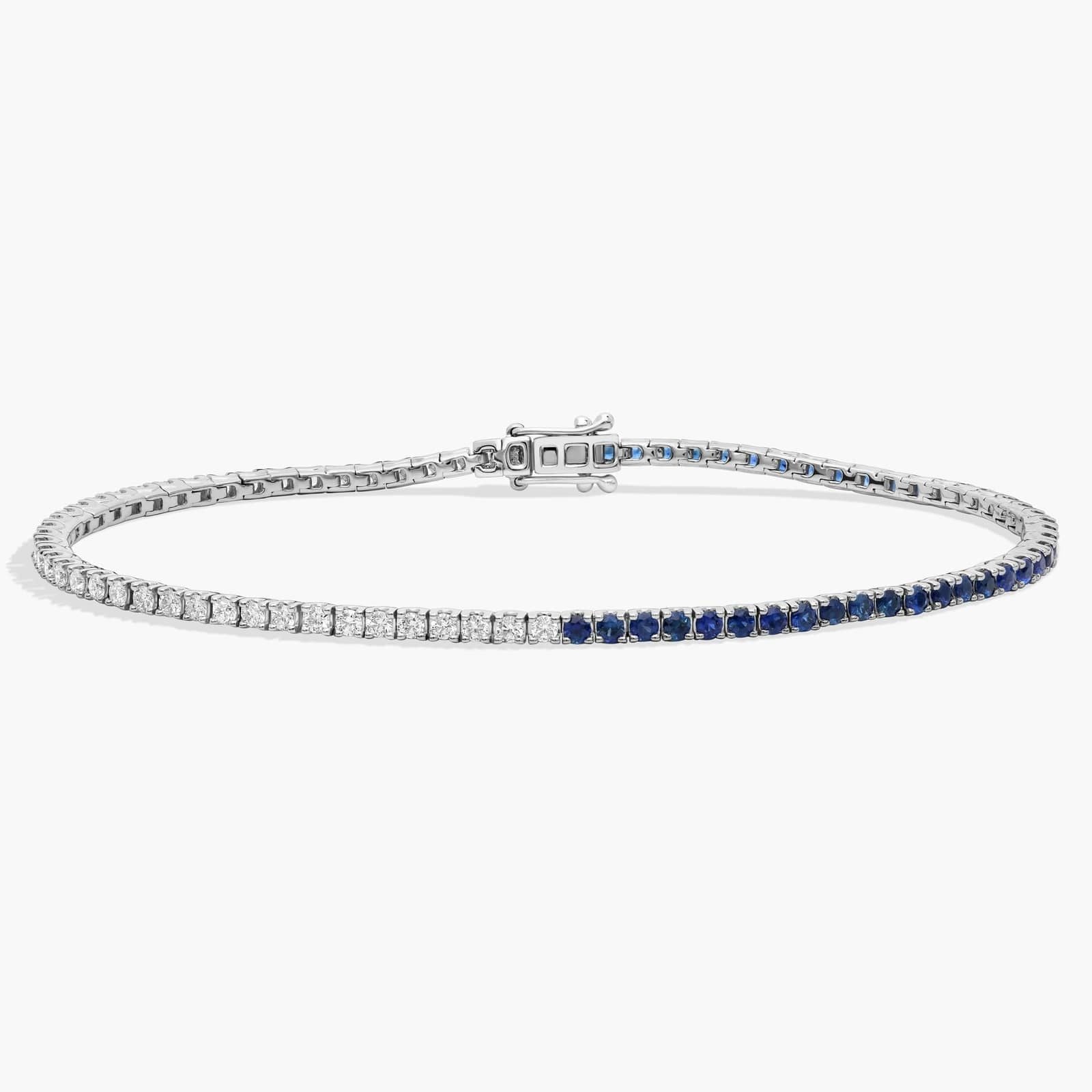 Half And Half Round Diamond and Sapphire Tennis Bracelet in 14k White Gold