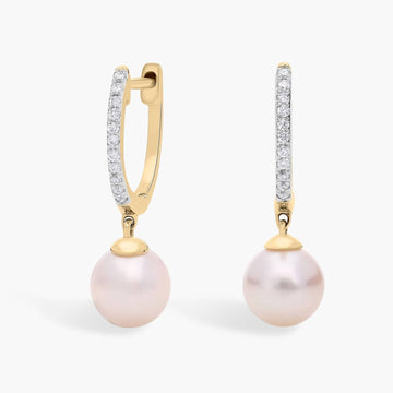 Akoya Cultured Pearl and Diamond Drop Hoop Earrings in 14k Yellow Gold (6.5mm)