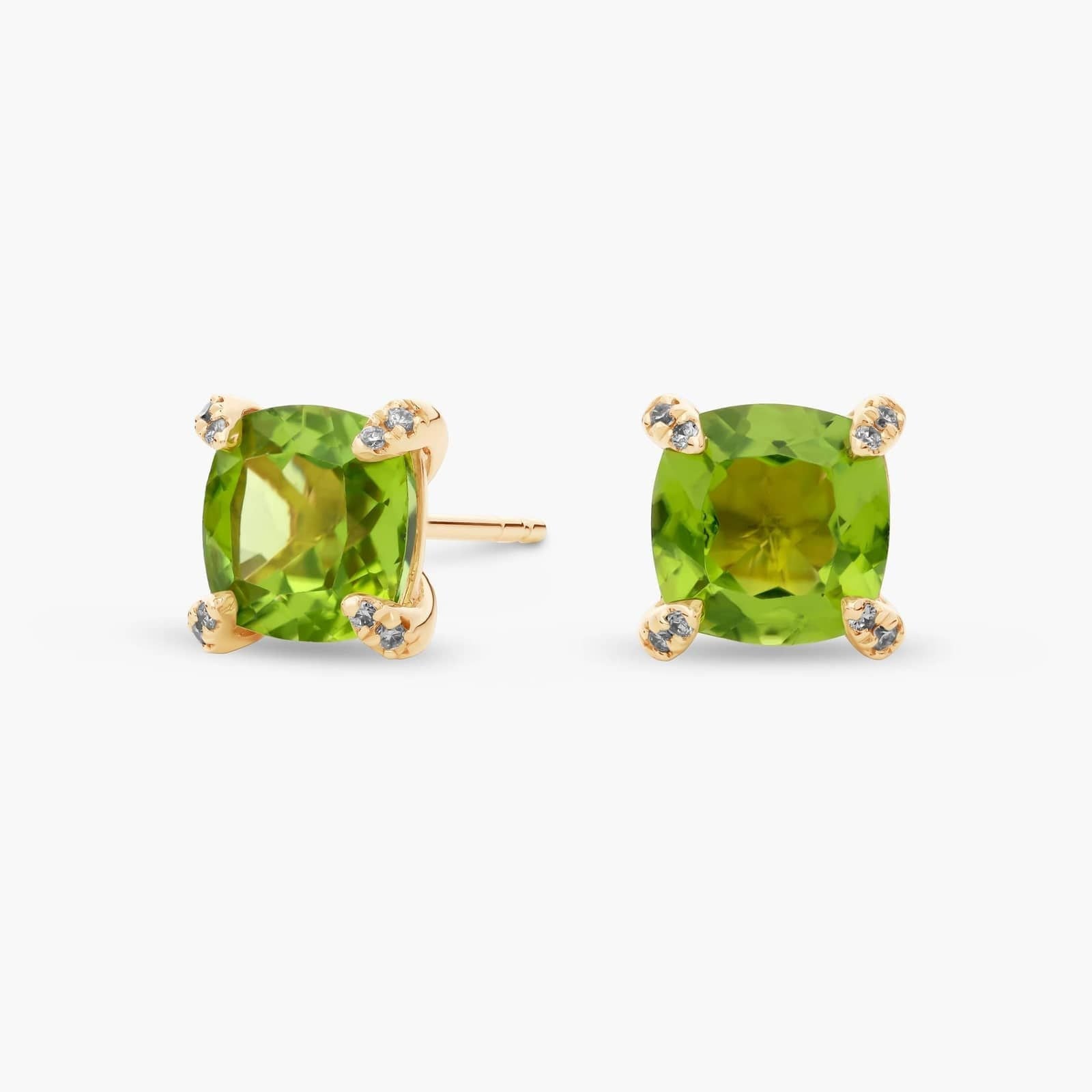 Cushion Cut Peridot and Diamond Accent Earrings in 14k Yellow Gold (7mm)