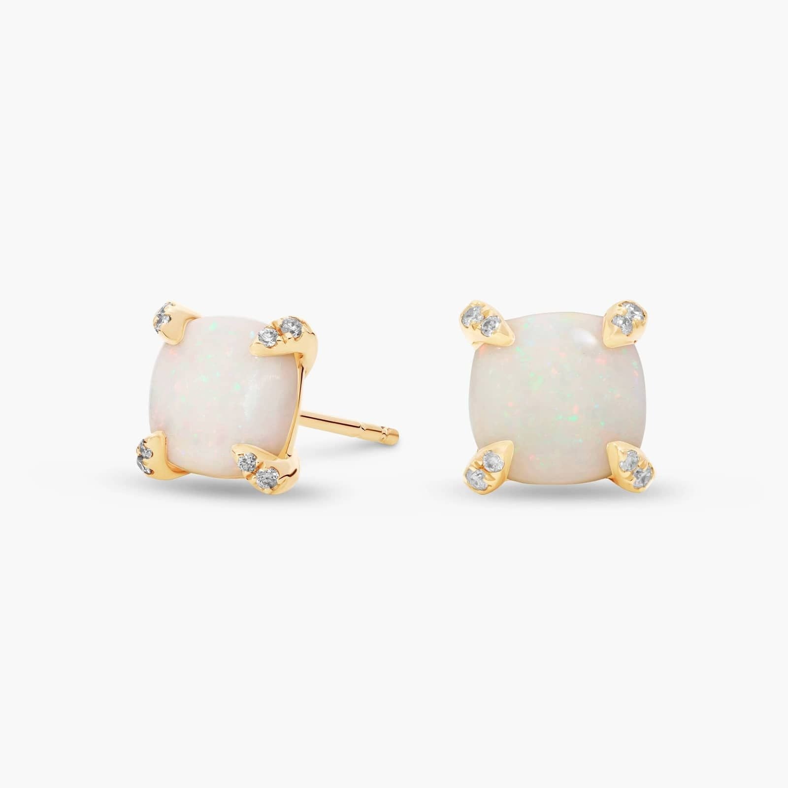 Cushion Cut Opal and Diamond Accent Earrings in 14k Yellow Gold (7mm)
