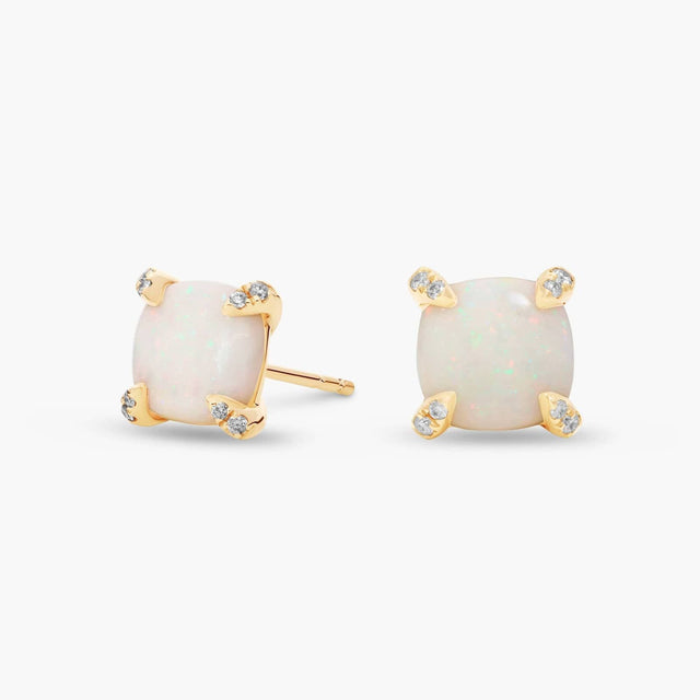 Cushion Cut Opal and Diamond Accent Earrings in 14k Yellow Gold (7mm)