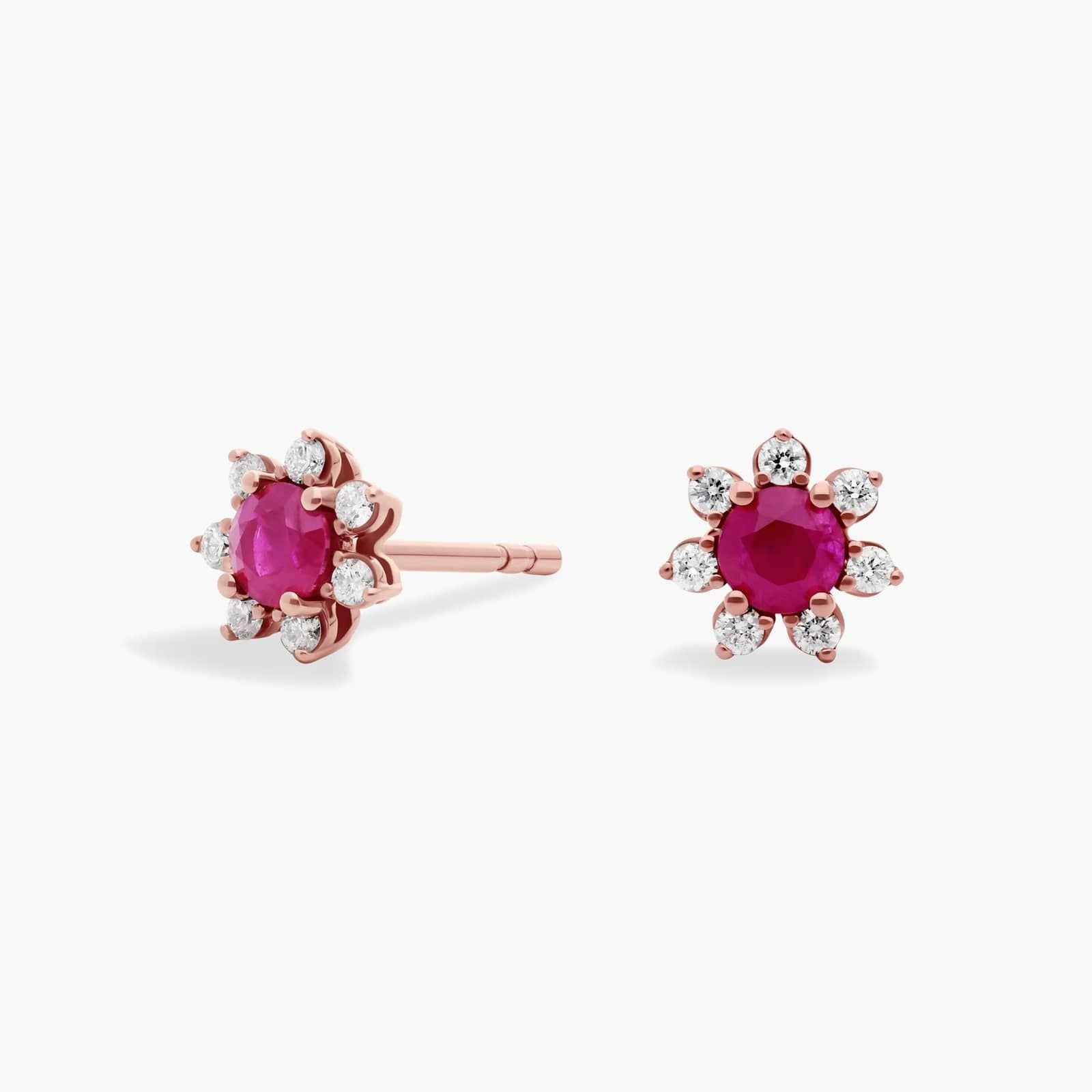 Mini Ruby Earrings with Diamond Blossom Halo in 14k Rose Gold (3.5mm)