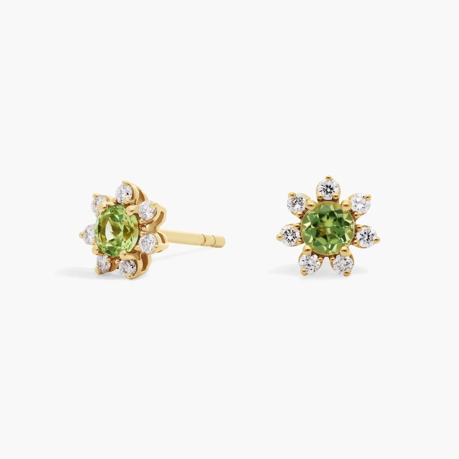 Mini Peridot Earrings with Diamond Blossom Halo in 14k Yellow Gold (3.5mm)