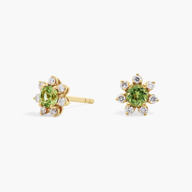 Mini Peridot Earrings with Diamond Blossom Halo in 14k Yellow Gold (3.5mm)