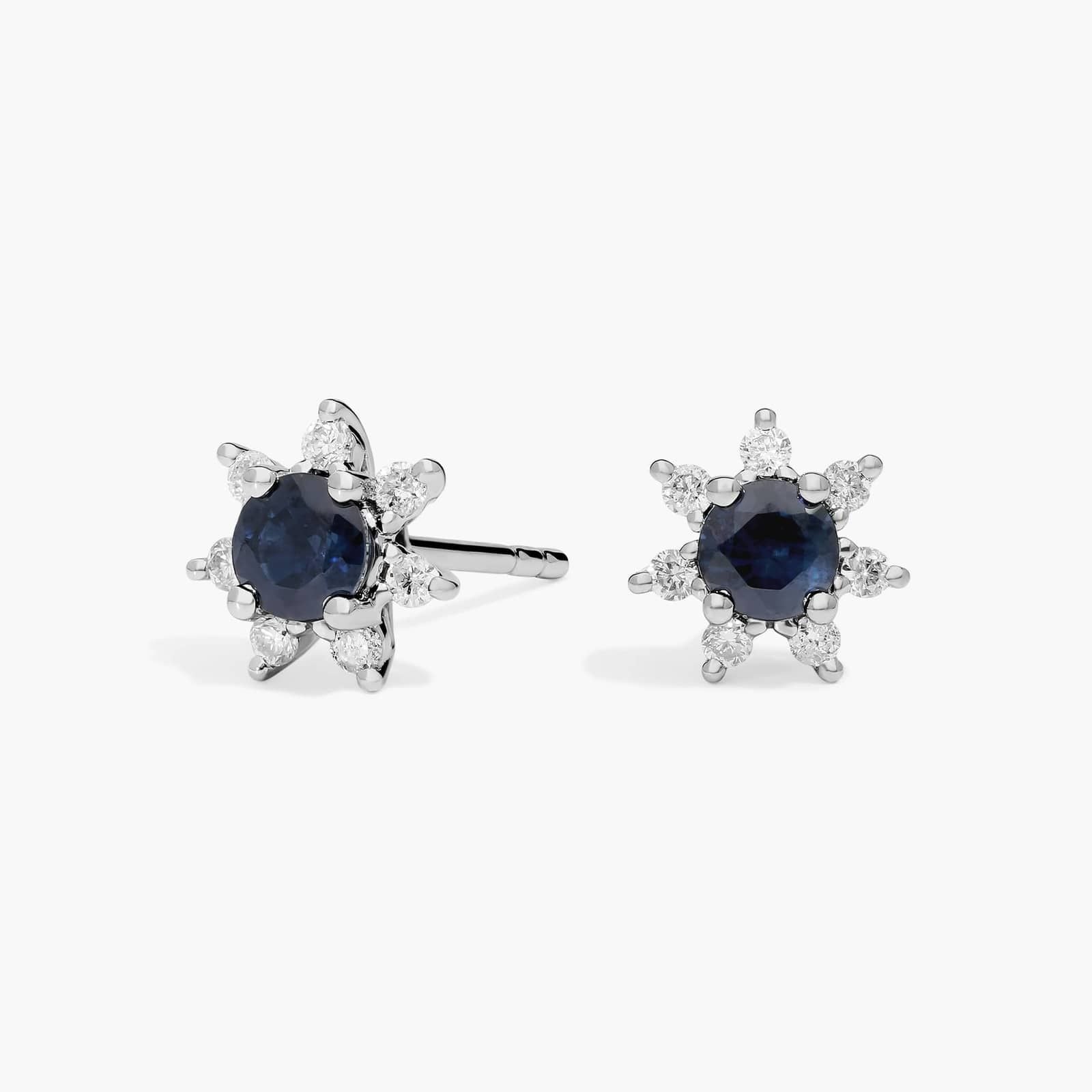 Mini Sapphire Earrings with Diamond Blossom Halo in 14k White Gold (3.5mm)