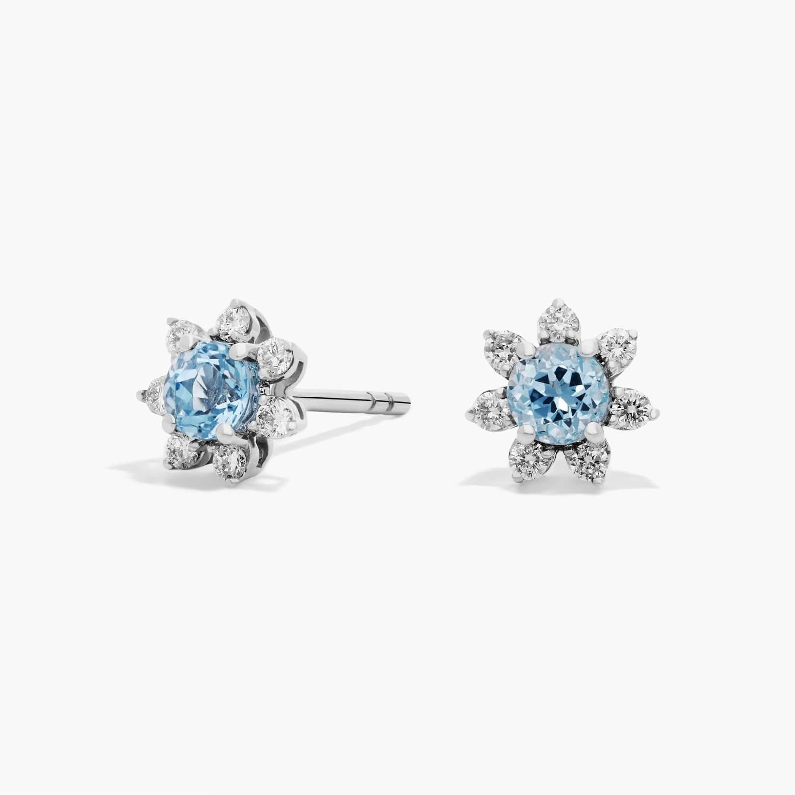 Mini Sky Blue Topaz Earrings with Diamond Blossom Halo in 14k White Gold (3.5mm)