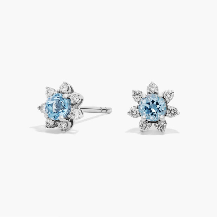 Mini Sky Blue Topaz Earrings with Diamond Blossom Halo in 14k White Gold (3.5mm)