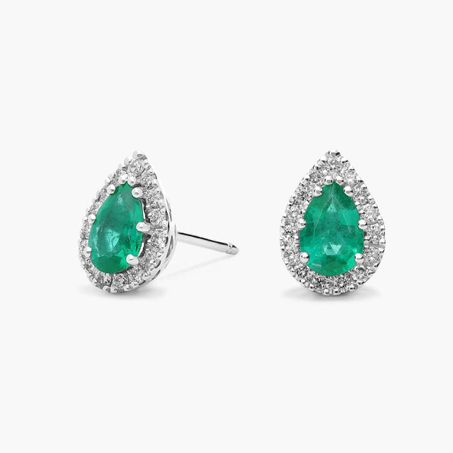 Pear-Shaped Emerald Stud Earrings with Diamond Halo in 14k White Gold (6x4mm)