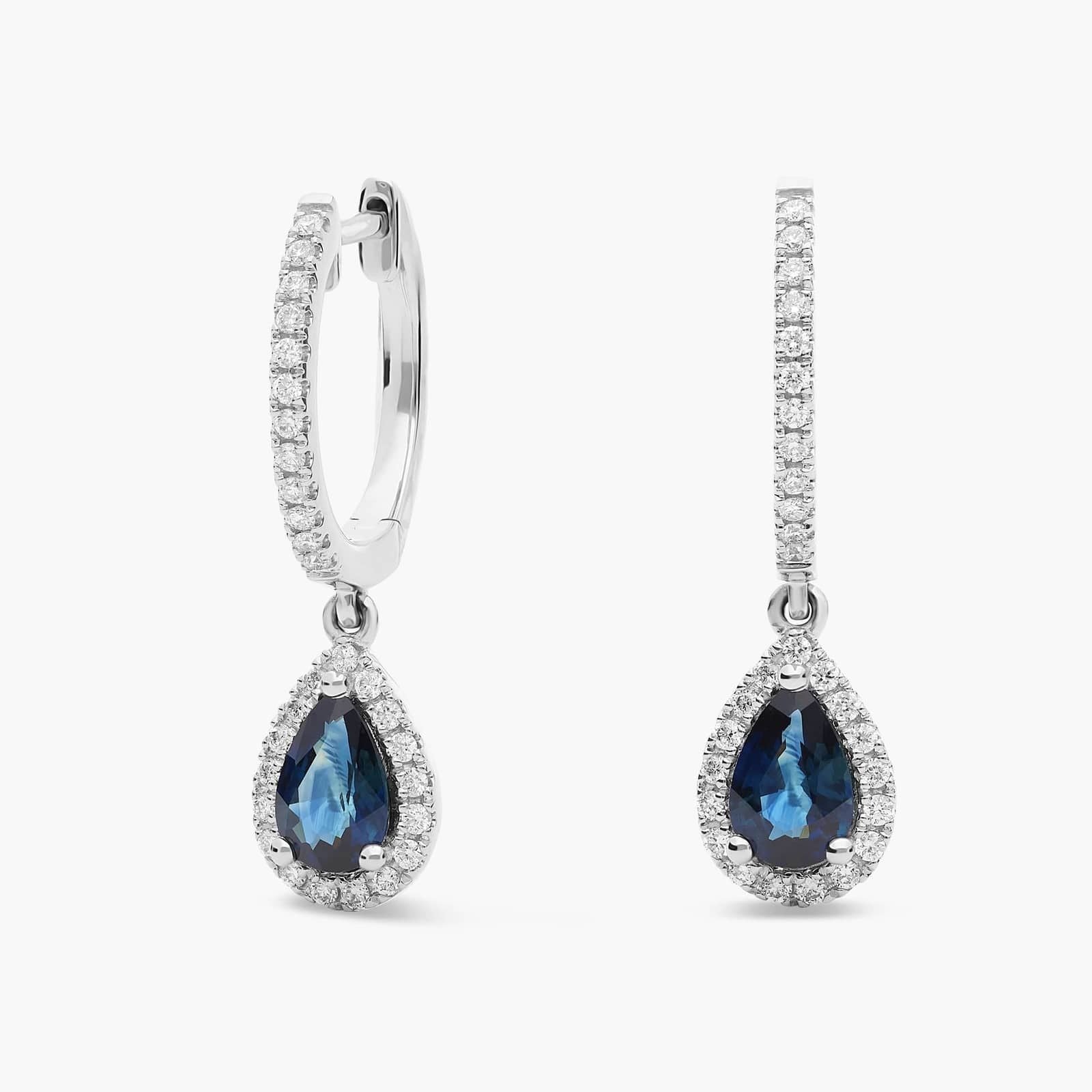 Pear Shaped Sapphire and Diamond Halo Drop Earrings in 14k White Gold (6x4mm)