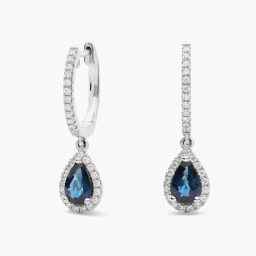 Pear Shaped Sapphire and Diamond Halo Drop Earrings in 14k White Gold (6x4mm)