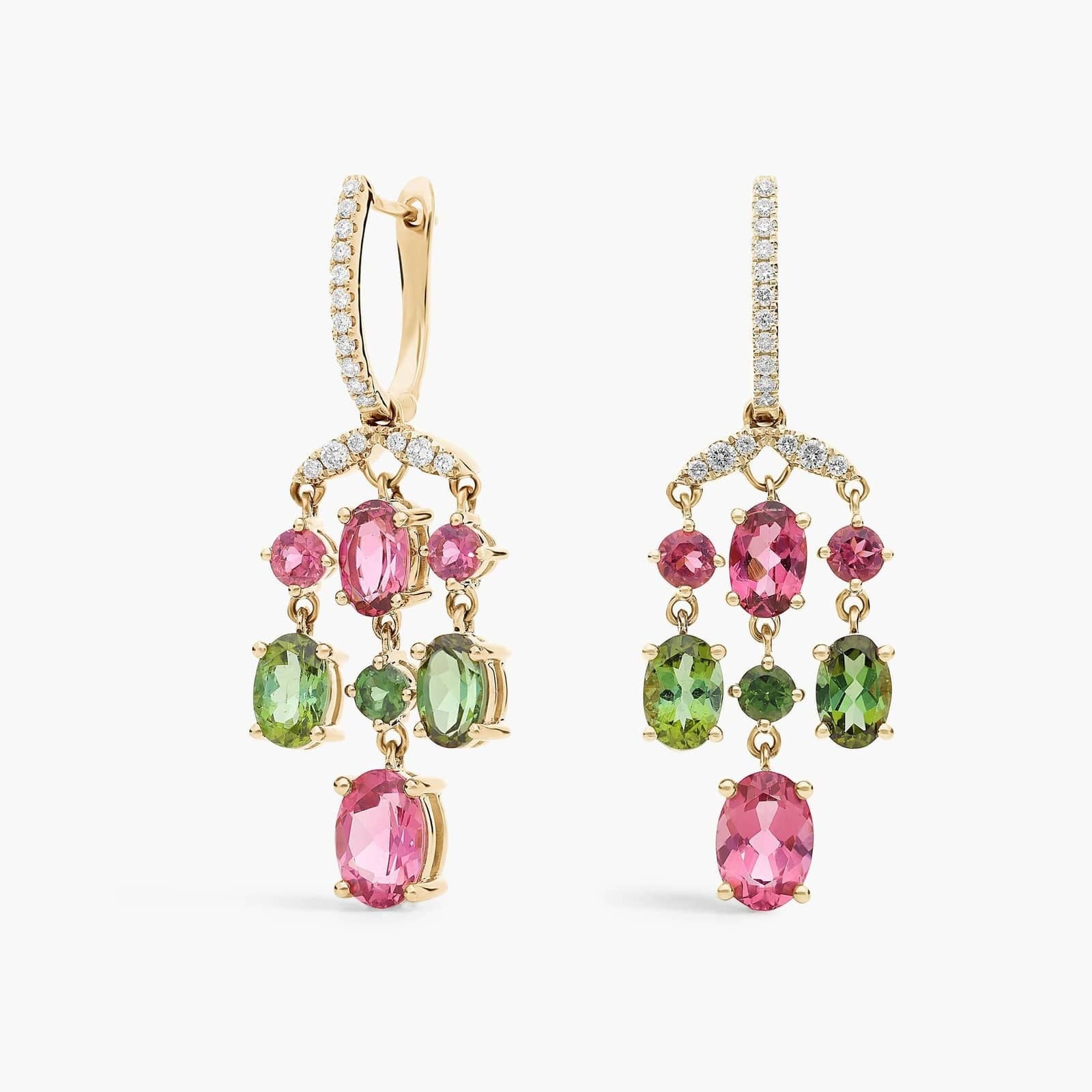 Pink and Green Tourmaline Chandelier Earrings in 14k Yellow Gold