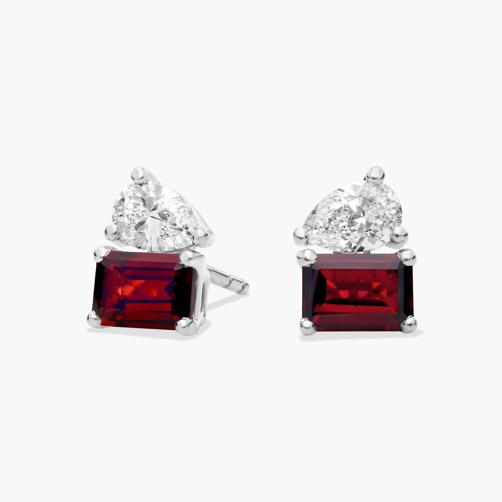 Lab Grown Diamond and Garnet Two Stone Stud Earrings in 14k White Gold