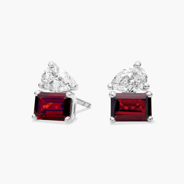 Lab Grown Diamond and Garnet Two Stone Stud Earrings in 14k White Gold