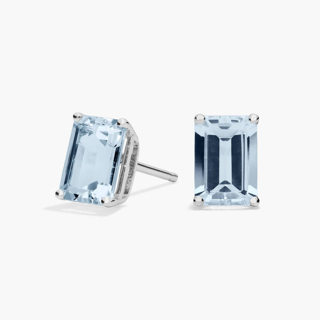 Emerald Cut Birthstone Aquamarine Stud Earrings