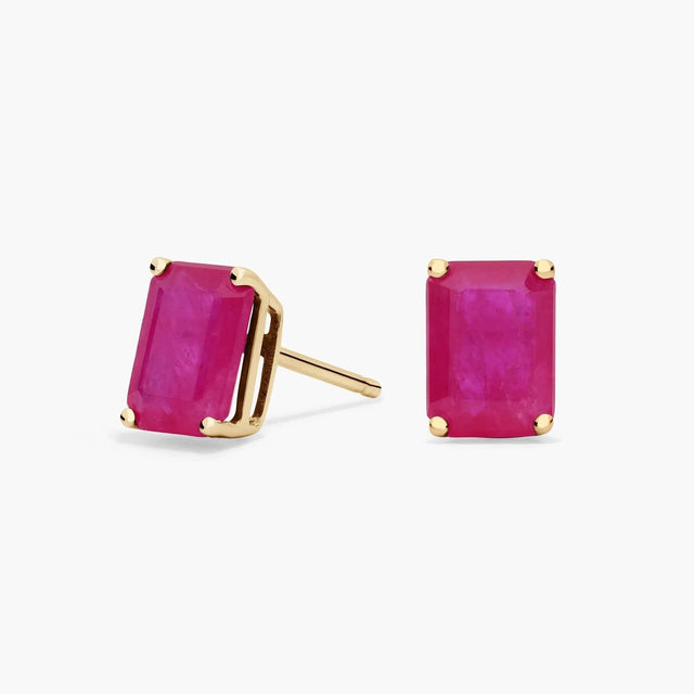 Emerald Cut Birthstone Ruby Stud Earrings in 14K Yellow Gold (7x5mm)