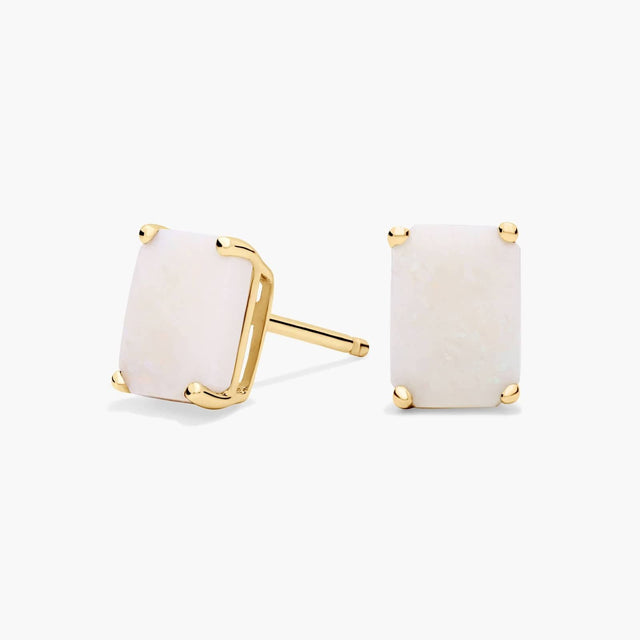Emerald Cut Birthstone Opal Stud Earrings in 14K Yellow Gold (7x5mm)
