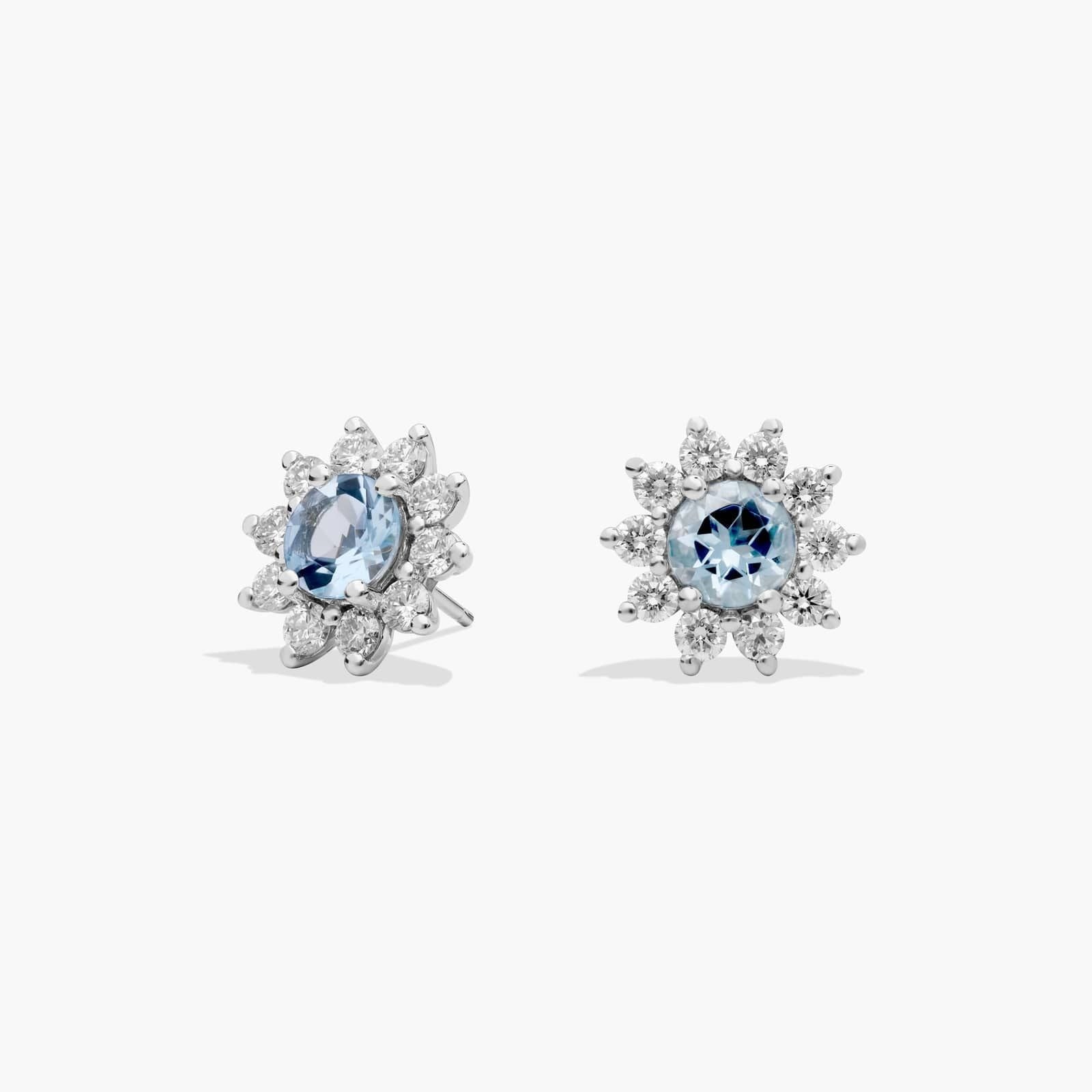 Round Aquamarine and Diamond Stud Earrings in 14k White Gold